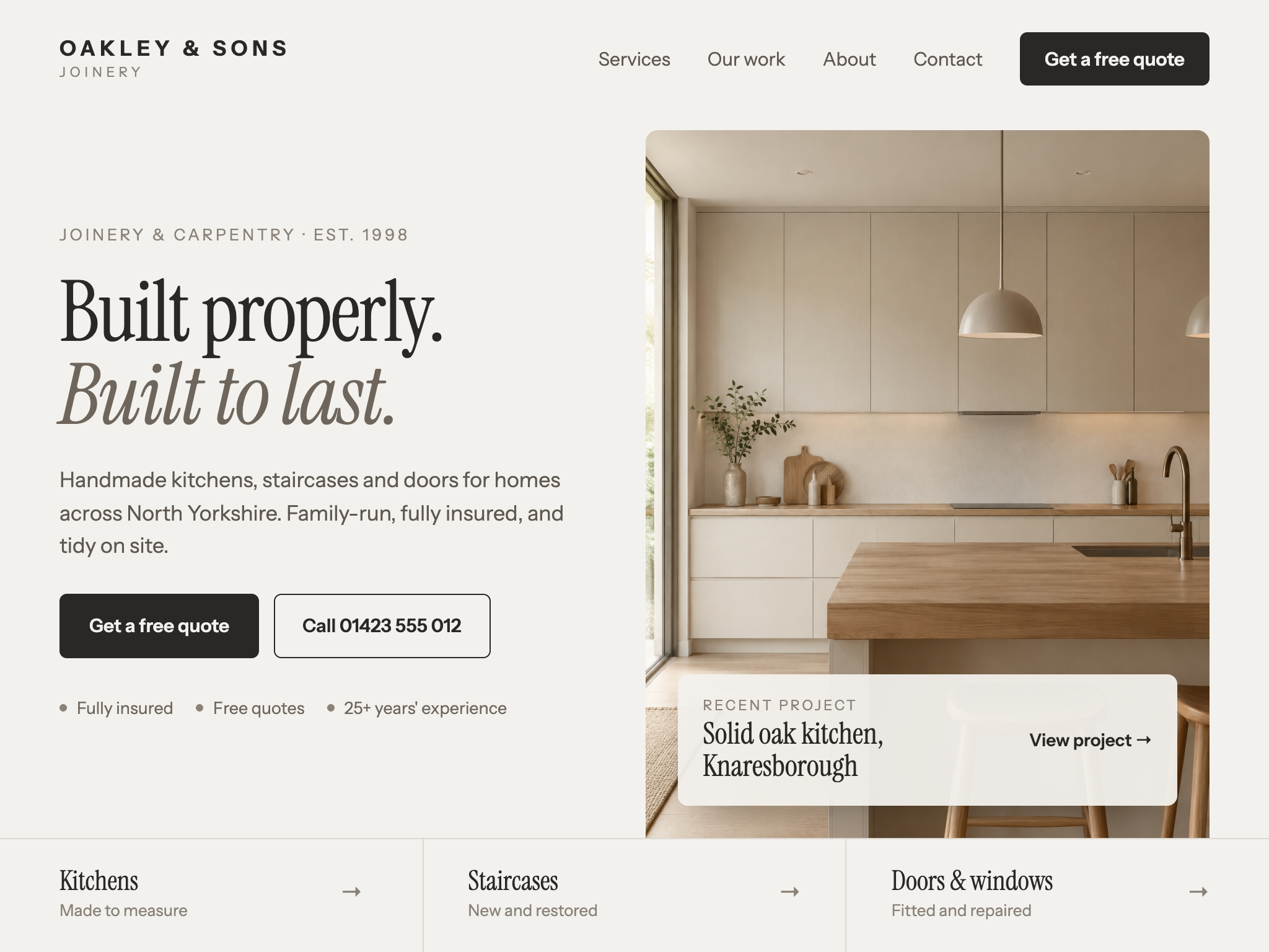 A finished website for a local joinery business, shown on a tablet
